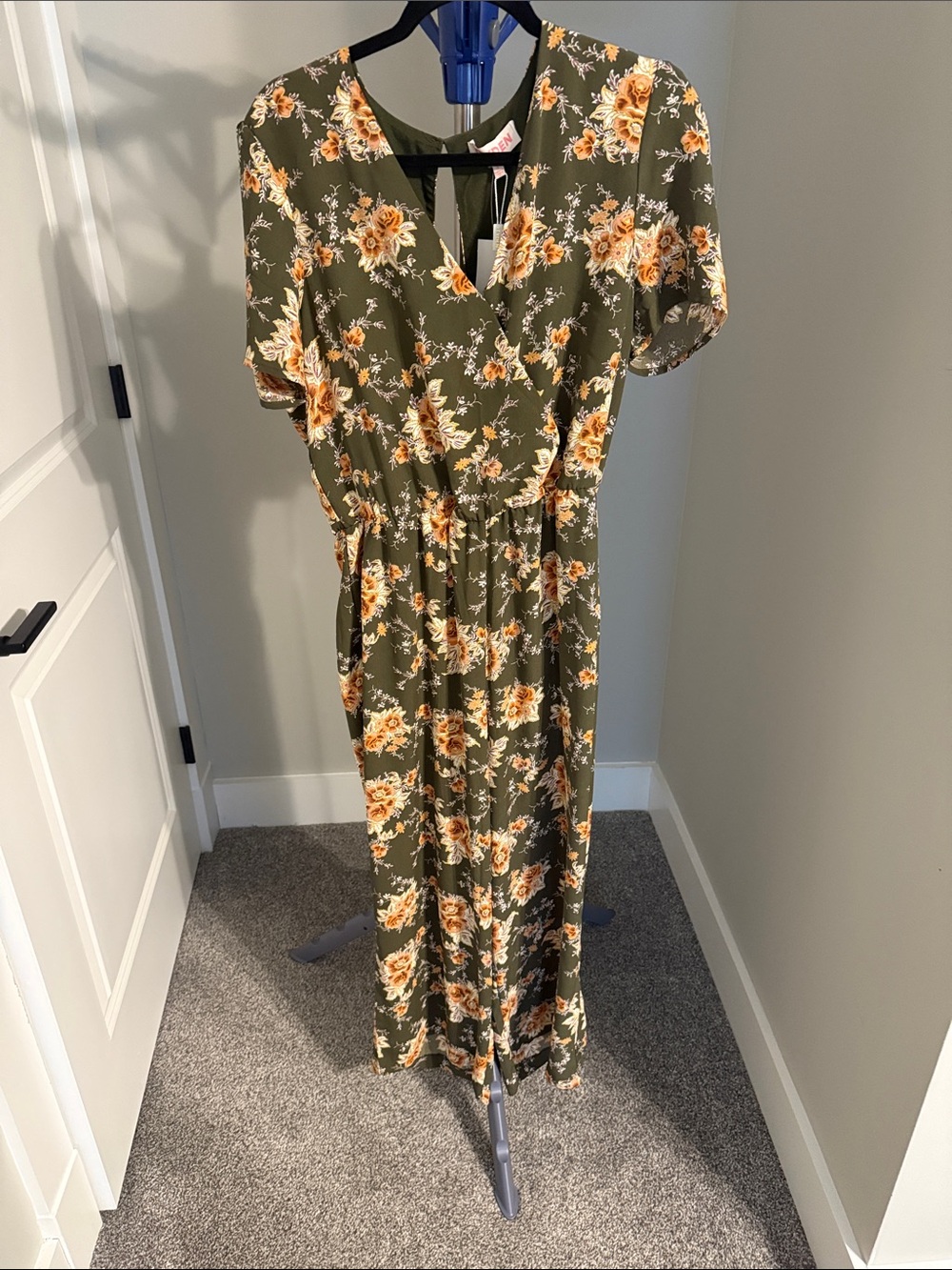 Leyden Olive Green Floral Wrap Maxi Dress with Yellow Blooms
